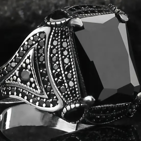 BLACK ONYX STAINLESS STEEL SILVER MENS ORNATE NEW SIZE 11 FOREVER CLASSIC RING - Picture 3 of 3